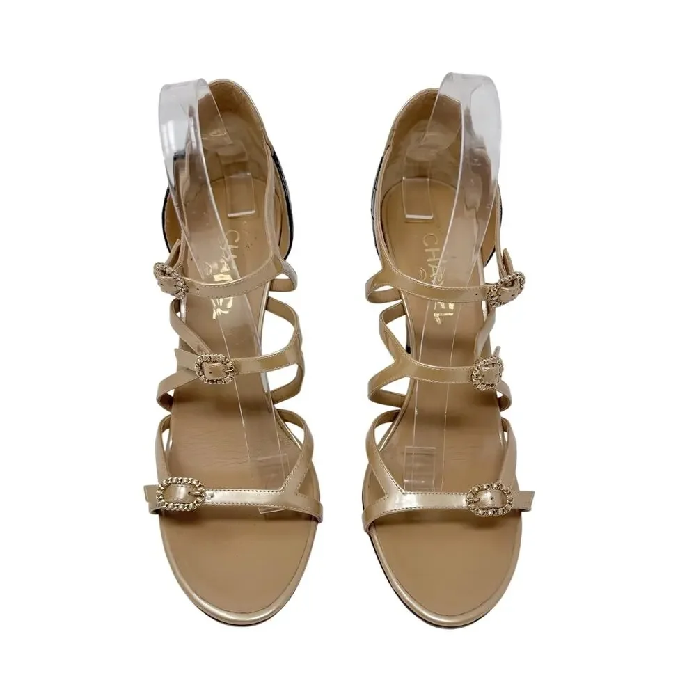 Chanel Quilted Strappy Sandal Heels Nude Black Leather CC Ankle Size 41